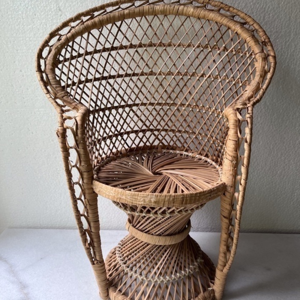 Vintage Peacock chair, wicker doll chair height , plant stand